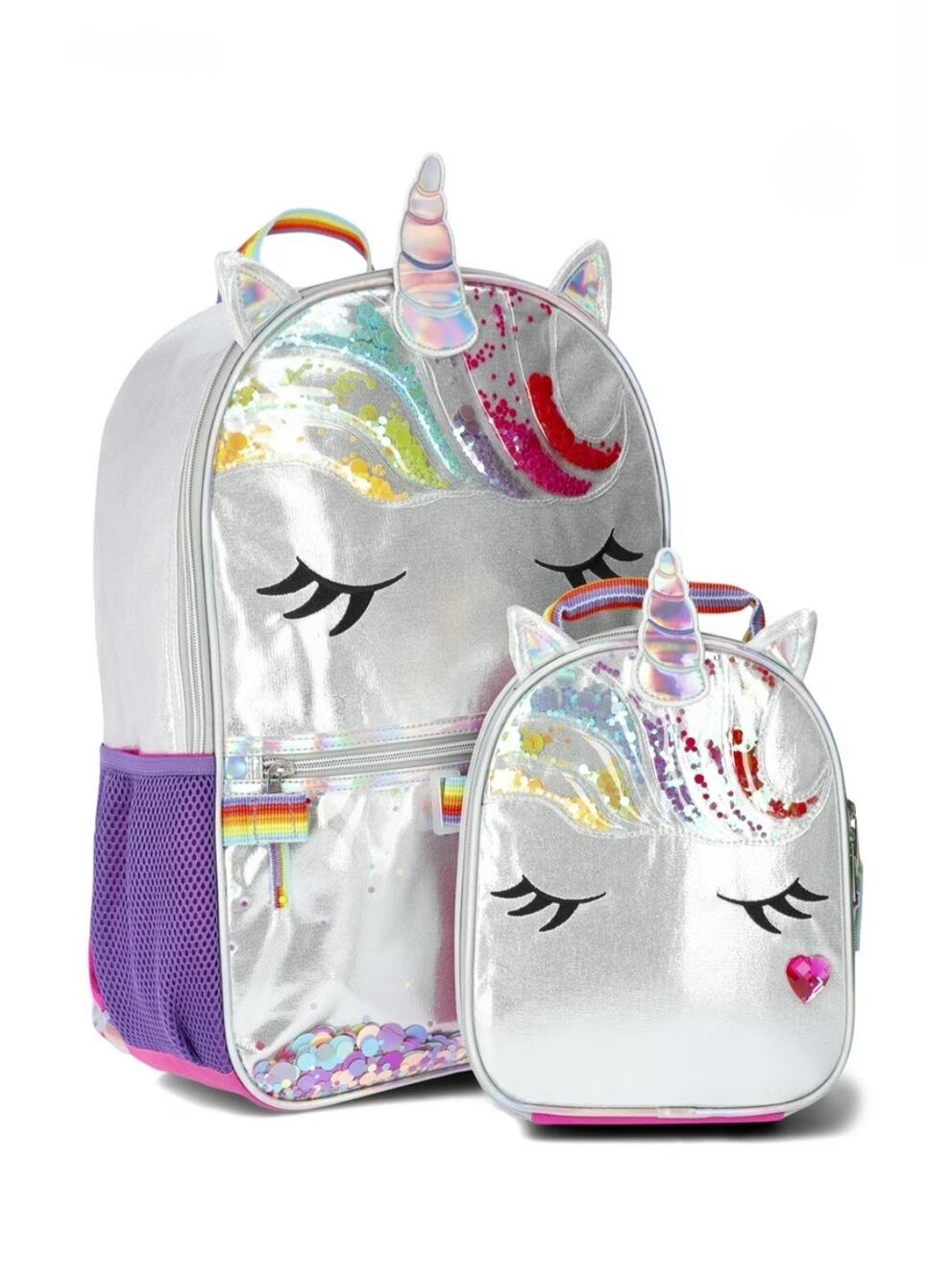 17" Metallic Silver Unicorn Backpack, Lunch Box Floating Sequins Wonder Nation